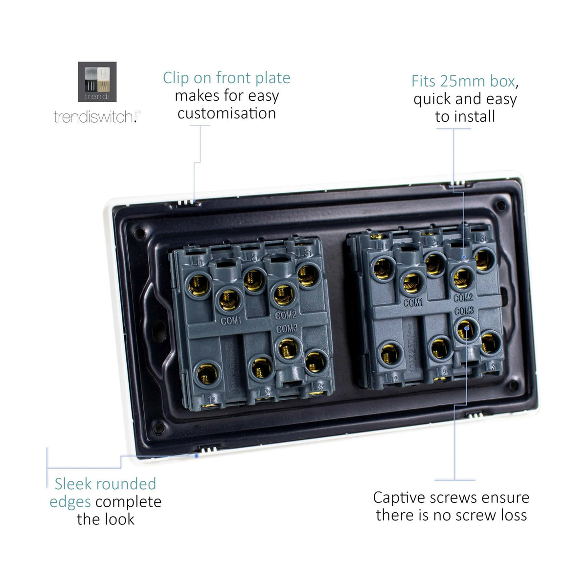 Rear view of the 6 Gang Twin 2 Way Light Switch in Carbon Fibre, showing two grey terminal modules with COM1-3 screw connections and captive screws, set in a black backing plate.