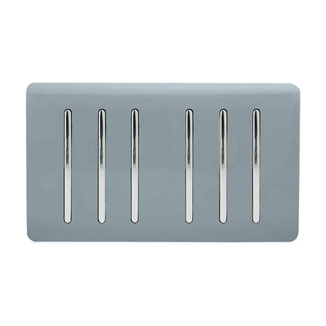 6 Gang Twin 2 Way Light Switch in cool grey with six chrome rockers on a screwless plate, shown on a plain white background.
