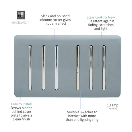 6 Gang Twin 2 Way Light Switch in cool grey with chrome rockers on a screwless plate, 10 amp rated, shown with labelled features on a white background.