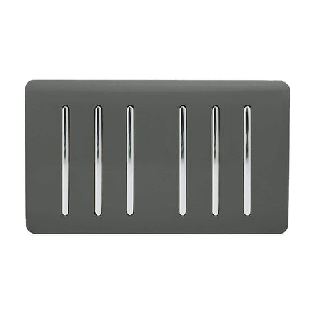 6 Gang Twin 2 Way Light Switch in charcoal with screwless plate and six chrome-edged rocker switches, shown on a plain white background.
