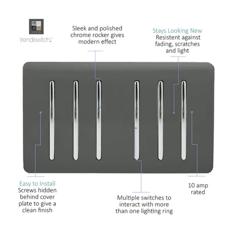 6 Gang Twin 2 Way Light Switch in charcoal with screwless plate and six chrome rockers, shown on a white background with labelled feature callouts.