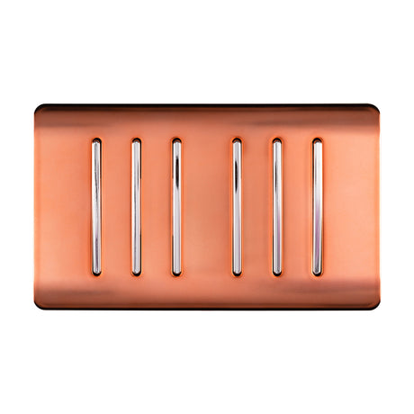 6 Gang Twin 2 Way Light Switch in copper with six chrome rocker switches on a screwless metallic plate, shown on a plain white background.