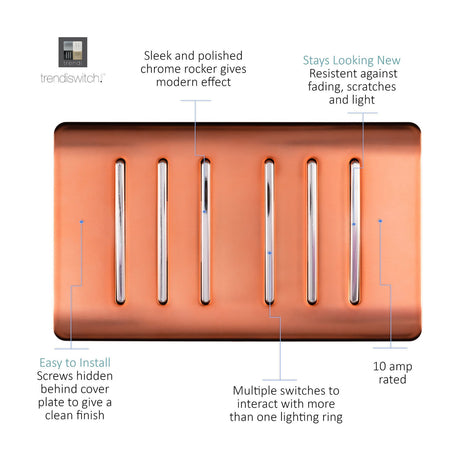 6 Gang Twin 2 Way Light Switch in copper with chrome rockers, screwless metallic plate, 10A rated, shown on a white background.