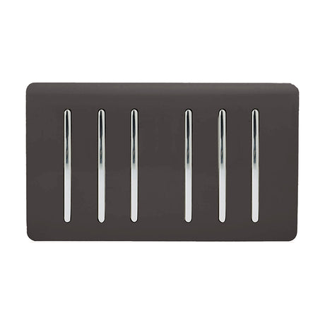6 Gang Twin 2 Way Light Switch in dark brown, screwless plate with six chrome rockers, shown on a plain white background.