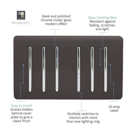 6 Gang Twin 2 Way Light Switch in dark brown with six chrome rockers on a screwless plate, shown with feature callouts on a white background.