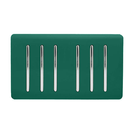 6 Gang Twin 2 Way Light Switch in dark green with chrome rocker switches on a screwless plate, shown on a plain white background.