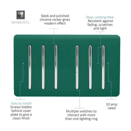 6 Gang Twin 2 Way Light Switch in dark green with six chrome rocker switches on a screwless plate, shown on a white background.