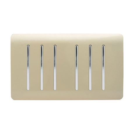 6 Gang Twin 2 Way Light Switch in champagne gold with a screwless plate and six vertical chrome rockers, shown on a plain white background.