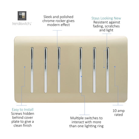 6 Gang Twin 2 Way Light Switch in champagne gold with six chrome rockers on a screwless metal plate, shown on a white background.