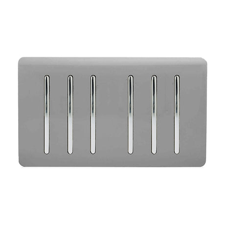 6 Gang Twin 2 Way Light Switch in light grey with six vertical chrome rockers on a screwless plate, shown on a plain white background.