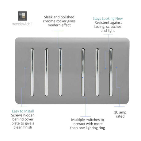 6 Gang Twin 2 Way Light Switch in light grey with chrome rockers on a screwless plate, shown with labelled features on a white background.