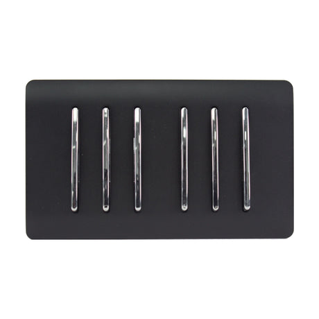 6 Gang Twin 2 Way Light Switch in matt black with six chrome rockers in a row, screwless plate design, shown on a plain white background.