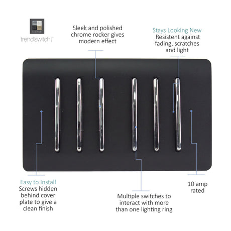 6 Gang Twin 2 Way Light Switch in matt black with six chrome rockers in a row, screwless plate, 10A rated, shown on a white background.