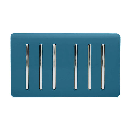 6 Gang Twin 2 Way Light Switch in Midnight Blue with six vertical chrome rockers on a screwless rectangular plate, shown against a plain white background.
