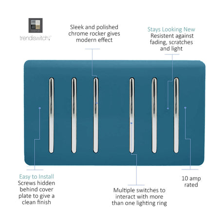 6 Gang Twin 2 Way Light Switch in midnight blue with a screwless plate and six polished chrome rockers, shown on a white background.