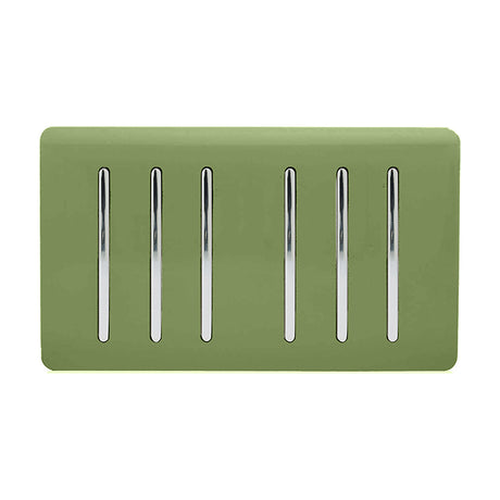 6 Gang Twin 2 Way Light Switch in moss green with a screwless plate and six vertical chrome rockers, shown on a plain white background.