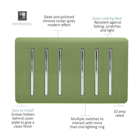 6 Gang Twin 2 Way Light Switch in moss green with chrome rockers, screwless plate, 10A rating, shown with labelled feature callouts on white background.