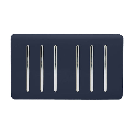 6 Gang Twin 2 Way Light Switch in navy blue with six chrome rocker switches on a screwless plate, shown on a plain white background.