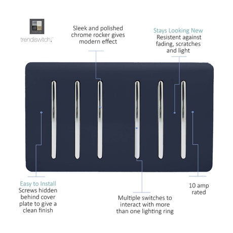 6 Gang Twin 2 Way Light Switch in navy blue with six chrome rockers, screwless plate design, 10 amp rated, shown on a white background.