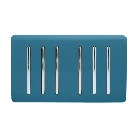 6 Gang Twin 2 Way Light Switch in Ocean Blue with six vertical chrome rockers on a screwless ABS plate, shown on a plain white background.