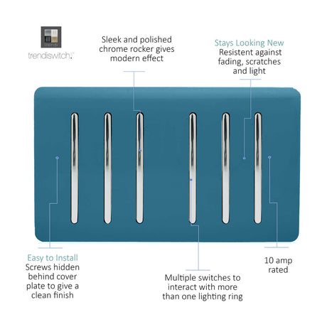 6 Gang Twin 2 Way Light Switch in ocean blue with screwless plate and six chrome rocker switches, shown on a plain white background.