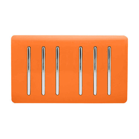 6 Gang Twin 2 Way Light Switch in orange with chrome rockers on a screwless plate, shown against a plain white background.