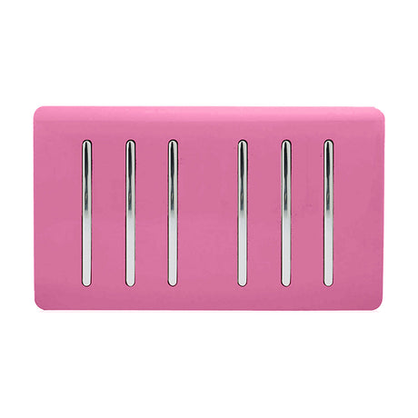 6 Gang Twin 2 Way Light Switch in pink with chrome rocker switches on a screwless plate, shown on a plain white background.