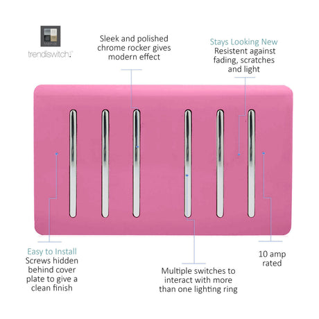 6 Gang Twin 2 Way Light Switch in pink with chrome rockers, screwless plate, 10 amp rated, shown with labelled features on a white background.
