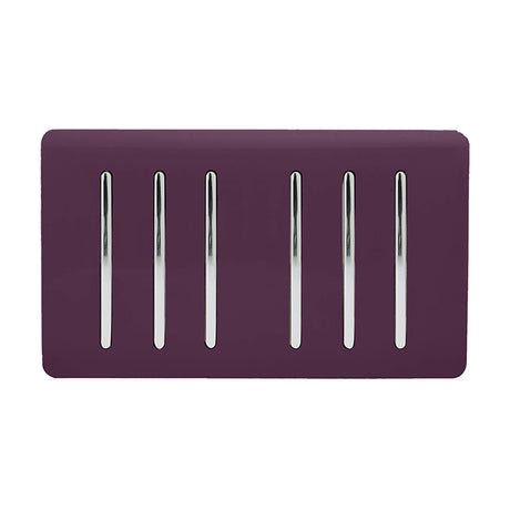6 Gang Twin 2 Way Light Switch in plum with a screwless ABS plate and six chrome rocker switches, shown on a plain white background.