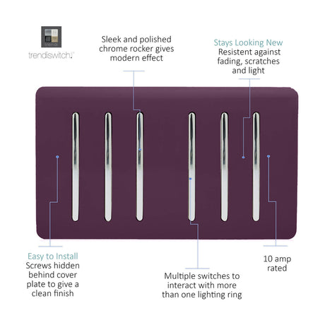 6 Gang Twin 2 Way Light Switch in plum with six chrome rockers on a screwless plate, shown on a white background with feature callouts.