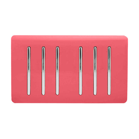 6 Gang Twin 2 Way Light Switch in strawberry pink with six chrome rocker switches on a screwless plate, shown on a plain white background.