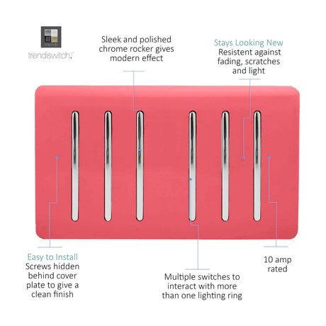 6 Gang Twin 2 Way Light Switch in strawberry pink with chrome rockers and screwless plate, shown on a plain white background.