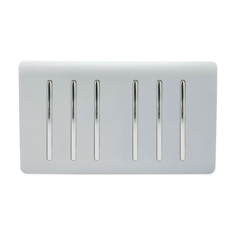 6 Gang Twin 2 Way Light Switch in platinum silver with a screwless plate and six chrome rockers, shown on a plain white background.