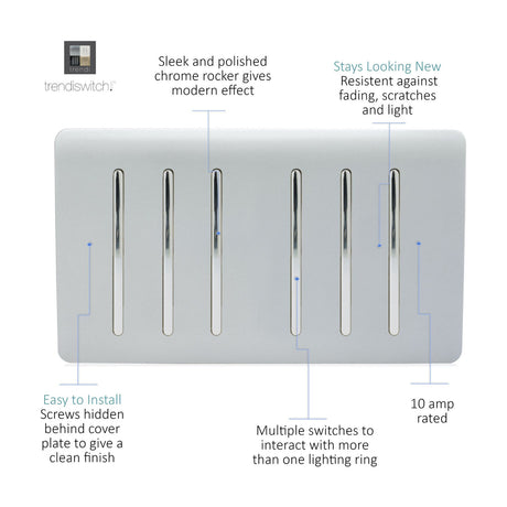 6 Gang Twin 2 Way Light Switch in platinum silver with screwless plate and six chrome rockers, shown on a white background.