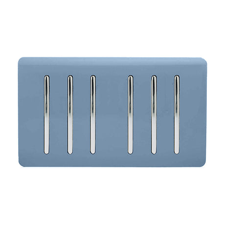 6 Gang Twin 2 Way Light Switch in sky blue, screwless plate with six vertical chrome rockers, shown on a plain white background.