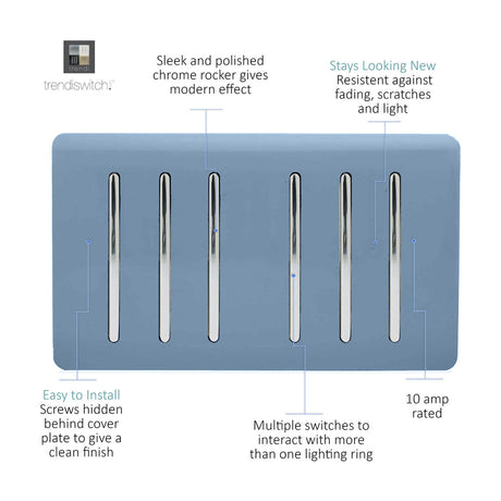 6 Gang Twin 2 Way Light Switch in sky blue with screwless plate and six chrome rockers, 10 amp rated, shown on a white background with feature callouts.