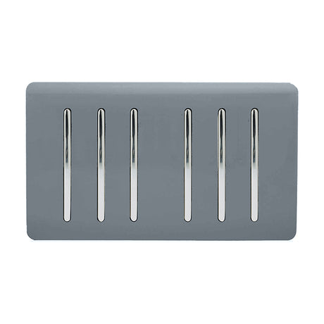 6 Gang Twin 2 Way Light Switch in warm grey with six vertical chrome rocker switches on a screwless plate, shown on a plain white background.