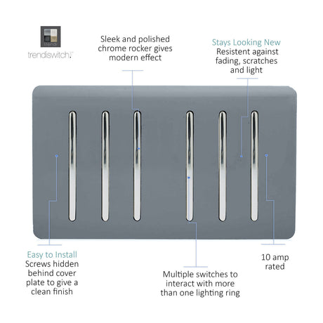 6 Gang Twin 2 Way Light Switch in warm grey with six chrome rockers on a screwless plate, shown with feature callouts on a white background.