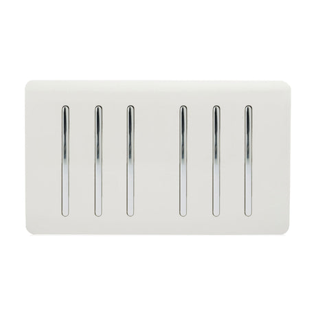 6 Gang Twin 2 Way Light Switch in Ice White with screwless flat plate and six chrome rocker inserts, shown on a plain white background.