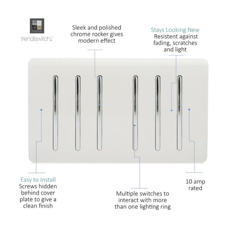 6 Gang Twin 2 Way Light Switch in Ice White with screwless flat plate and six chrome rocker inserts, 10A rated, shown on a plain white background.