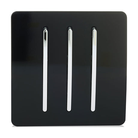 3 Gang 2 Way Light Switch in high gloss piano black, screwless square plate with rounded corners and three vertical chrome rocker inserts, shown on a plain white background.