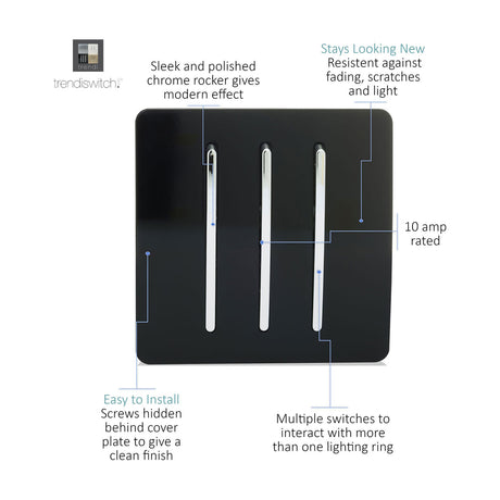 3 Gang 2 Way Light Switch in piano black with three chrome-insert rockers on a screwless square plate, 10 amp rated, shown with feature callouts on a white background.