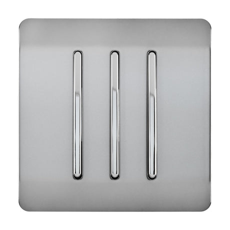 3 Gang 2 Way Light Switch in Brushed Steel with three chrome rocker switches on a screwless flat plate, shown on a plain white background.
