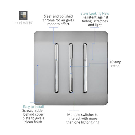 3 Gang 2 Way Light Switch in brushed steel with three polished chrome rockers on a screwless flat plate, 10 amp rated, shown on a white background.
