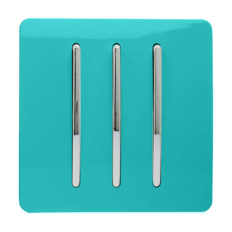 3 Gang 2 Way Light Switch in bright teal with a screwless square plate and three vertical chrome rocker switches, shown on a plain white background.