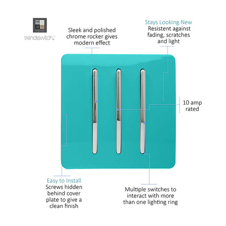 3 Gang 2 Way Light Switch in bright teal with screwless plate and three chrome rocker switches, 10 amp rated, shown on a white background.