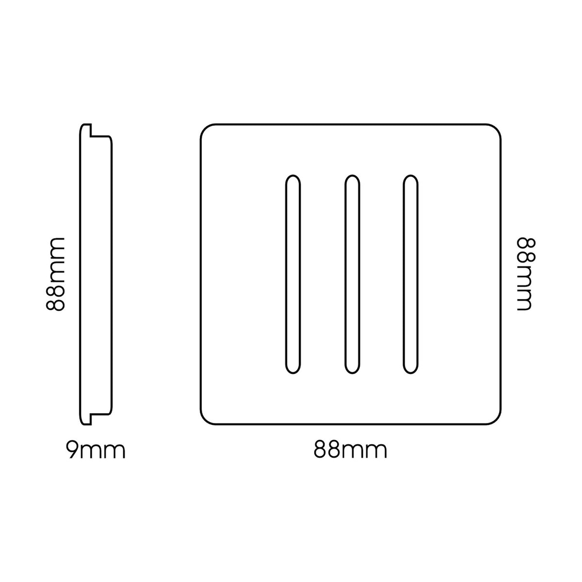3 Gang 2 Way Light Switch in Carbon Fibre with screwless square plate, three chrome rocker inserts, and side profile showing slim 9mm depth, shown with 88mm dimensions on white background.