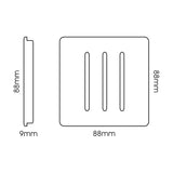 3 Gang 2 Way Light Switch in Carbon Fibre with screwless square plate, three chrome rocker inserts, and side profile showing slim 9mm depth, shown with 88mm dimensions on white background.