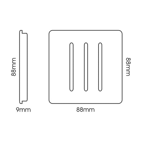 3 Gang 2 Way Light Switch in Carbon Fibre with screwless square plate, three chrome rocker inserts, and side profile showing slim 9mm depth, shown with 88mm dimensions on white background.