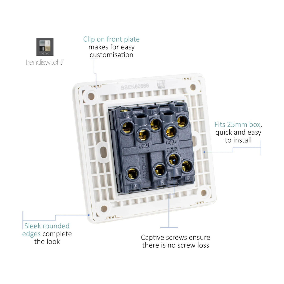 Rear view of 3 Gang 2 Way Light Switch in Carbon Fibre, showing white mounting plate, captive screws and gold terminal block with COM connections on a plain background.